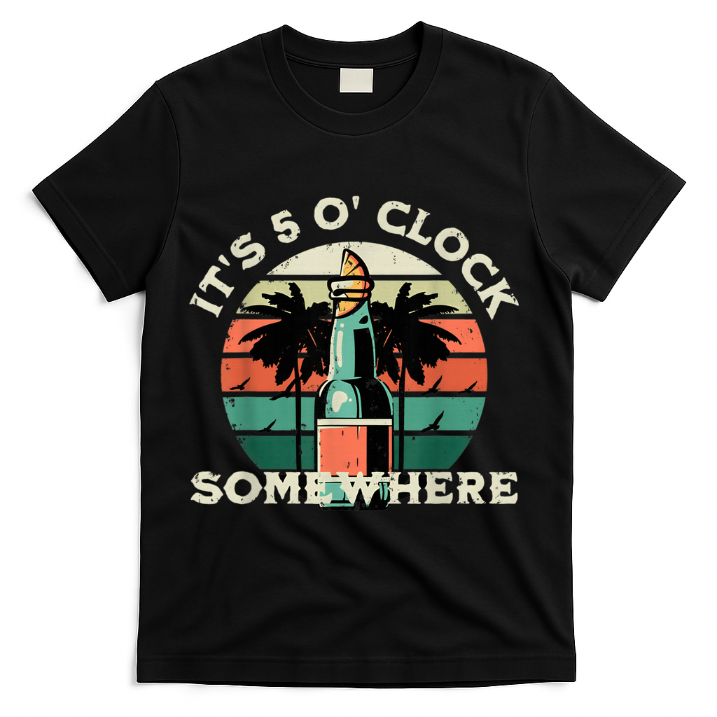 It's 5 O’clock Somewhere Summer Retro Sunset Drinking T-Shirt - Black