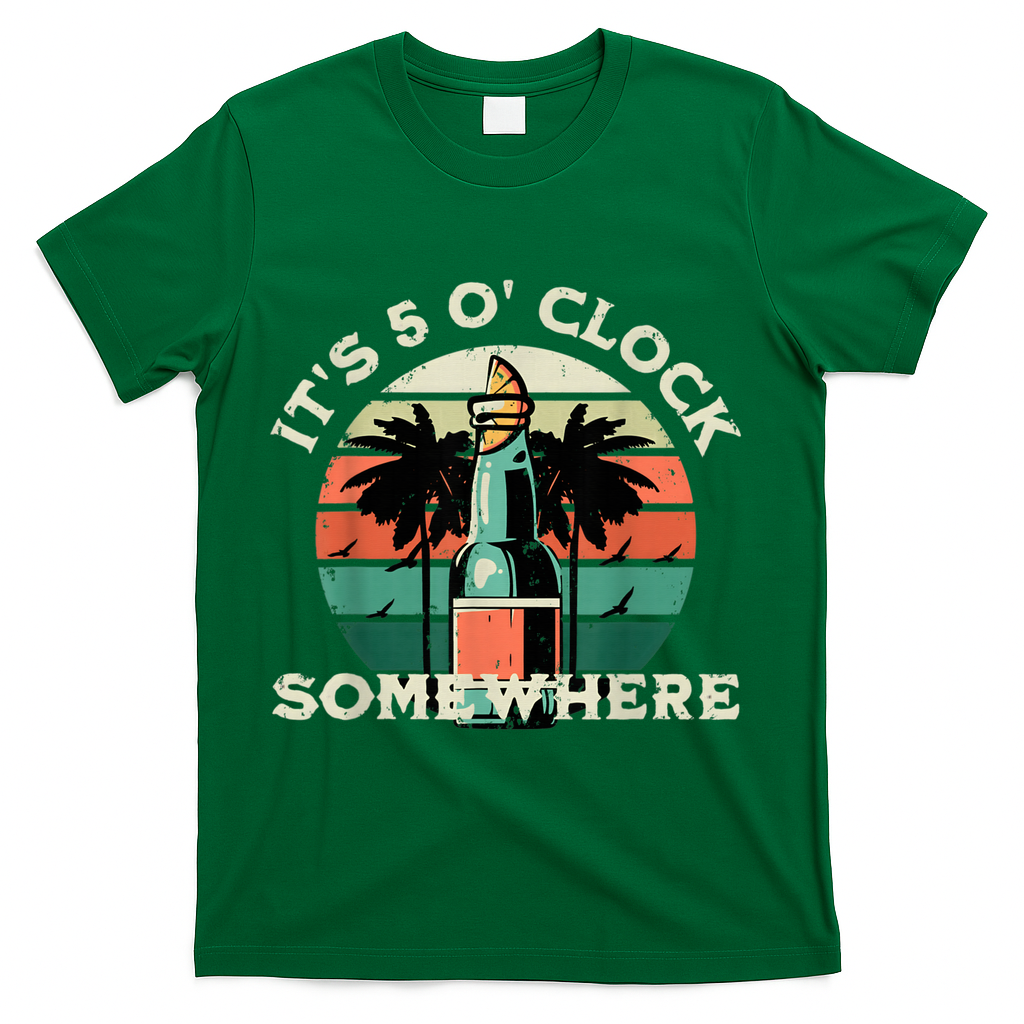 It's 5 O’clock Somewhere Summer Retro Sunset Drinking T-Shirt - Green
