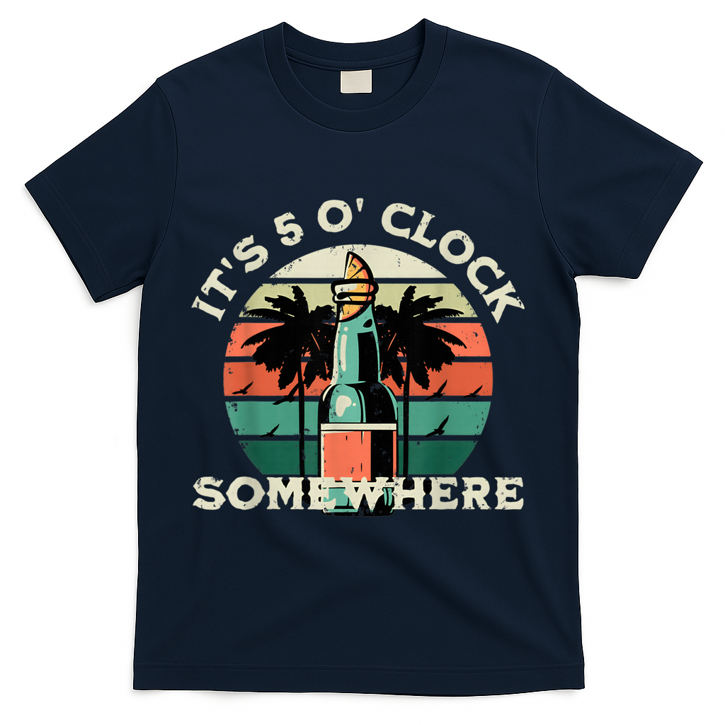 It's 5 O’clock Somewhere Summer Retro Sunset Drinking T-Shirt - Navy