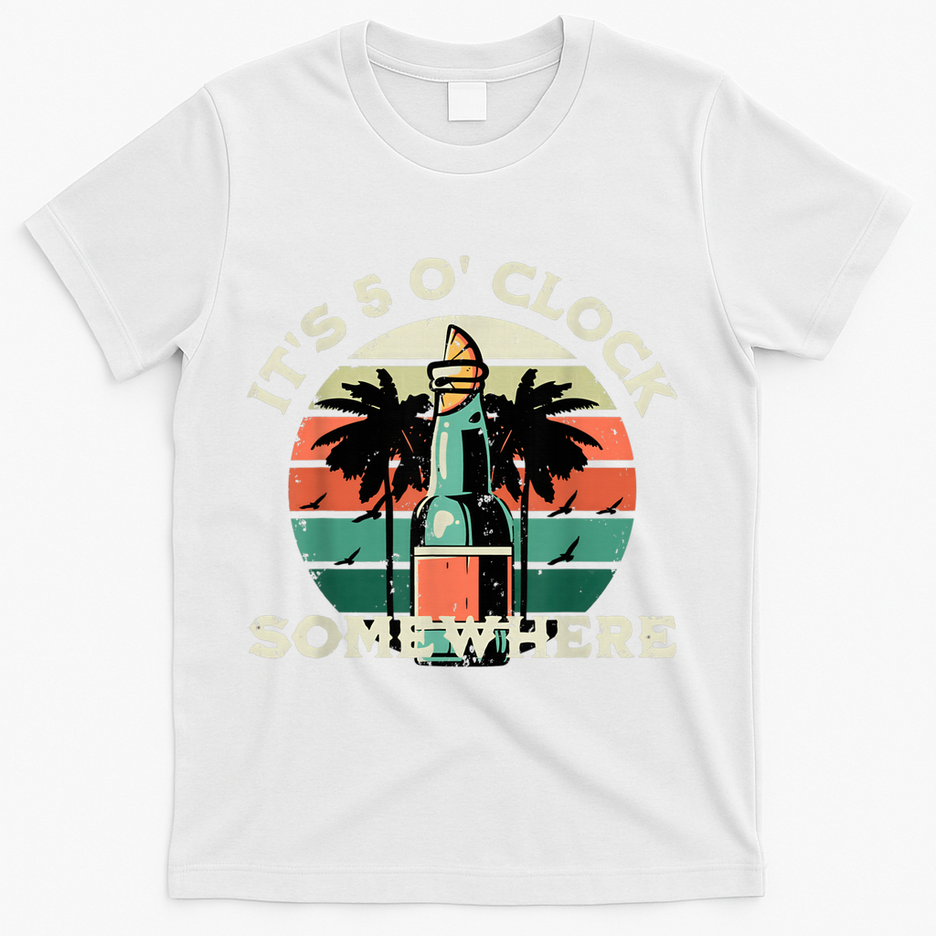 It's 5 O’clock Somewhere Summer Retro Sunset Drinking T-Shirt - White