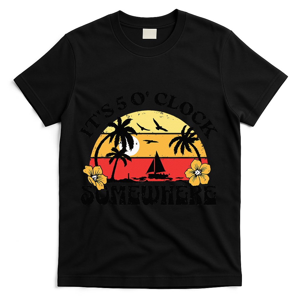 Its 5 O’clock Somewhere Summer Retro Sunset Drinking T-Shirt - Black