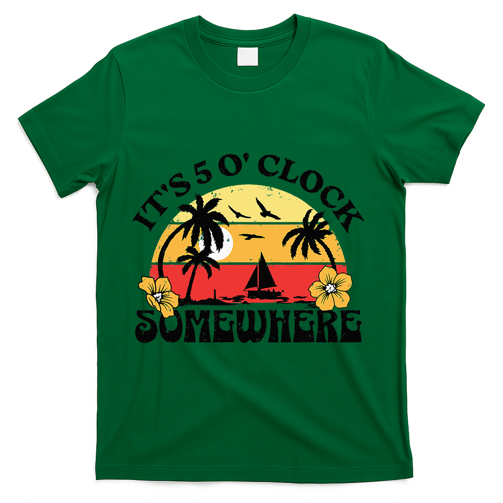 Its 5 O’clock Somewhere Summer Retro Sunset Drinking T-Shirt - Green