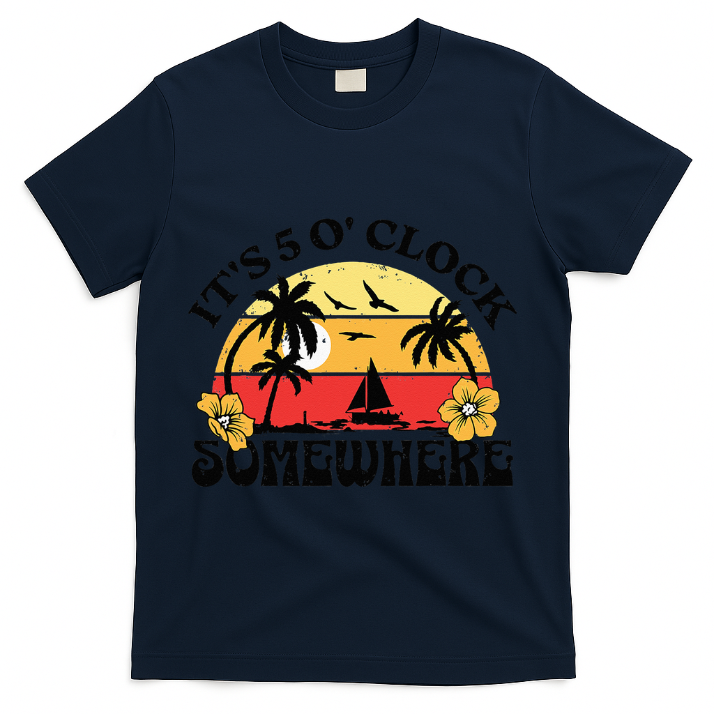 Its 5 O’clock Somewhere Summer Retro Sunset Drinking T-Shirt - Navy