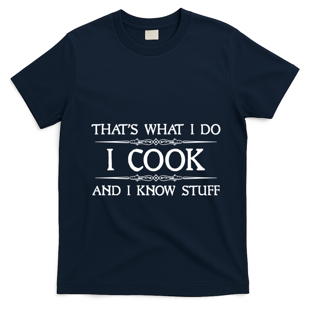 I Cook And I Know Stuff Funny Chef Gift T-Shirt - Navy Blue
