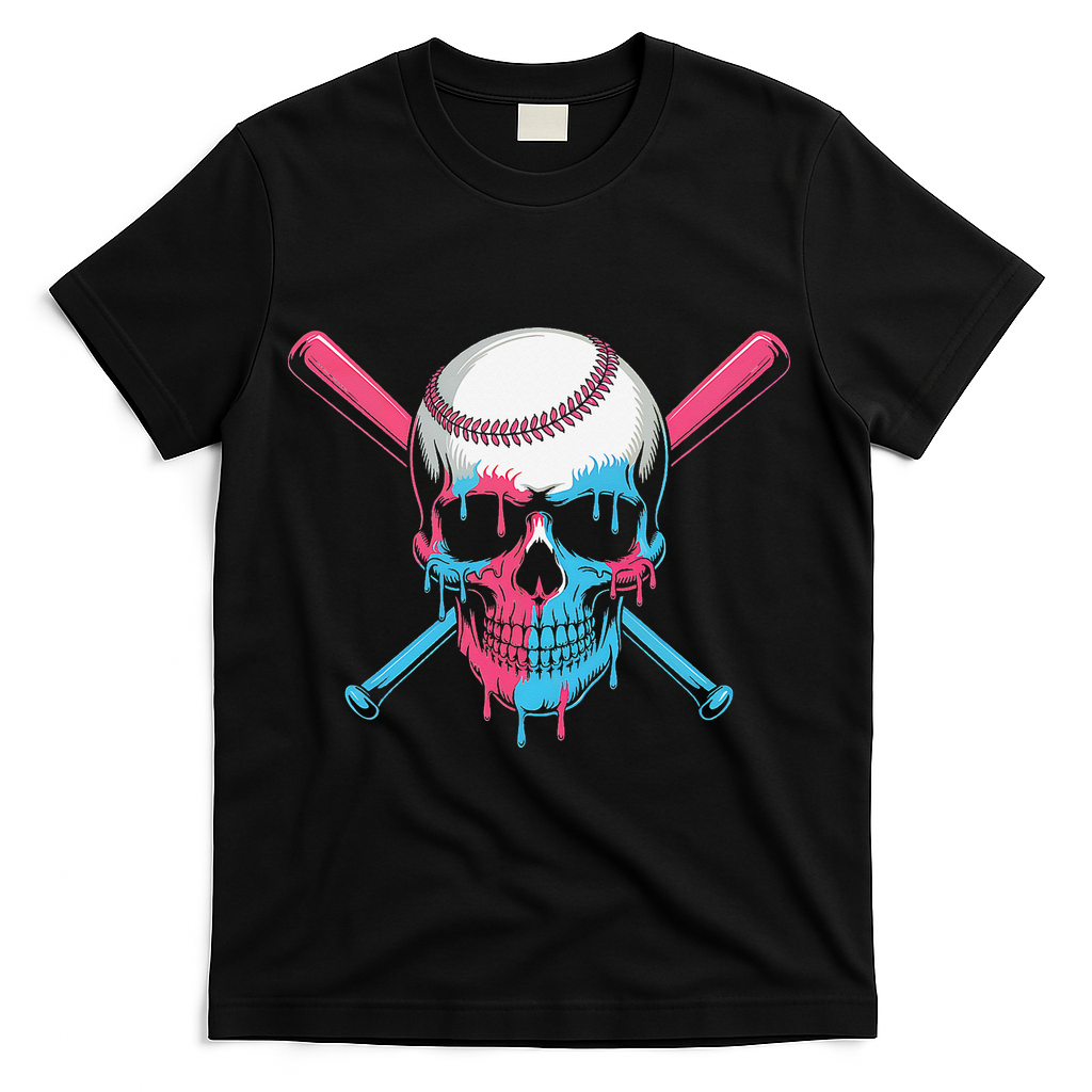 Ice Cream Baseball Fun Summer Sports Dessert Dripping Skull T-Shirt - Black