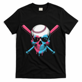 Ice Cream Baseball Fun Summer Sports Dessert Dripping Skull T-Shirt - Black