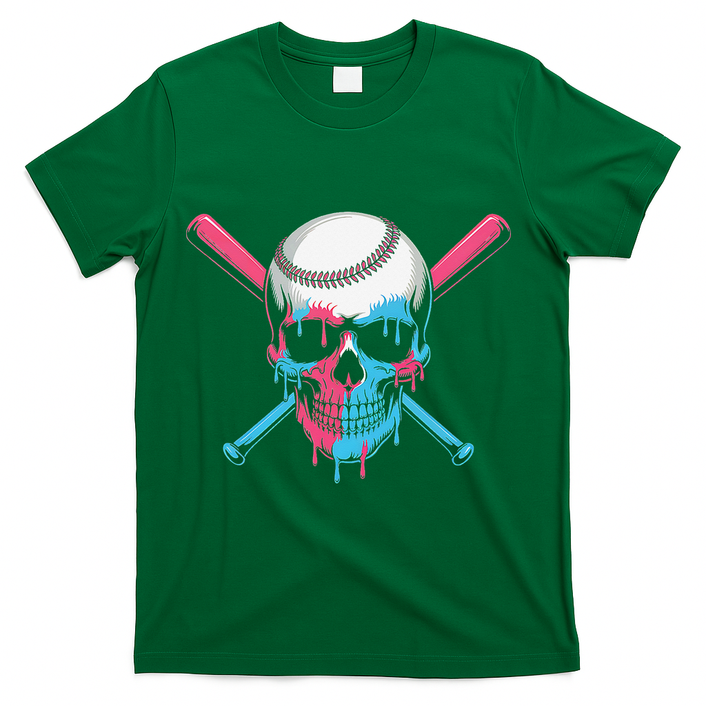 Ice Cream Baseball Fun Summer Sports Dessert Dripping Skull T-Shirt - Green