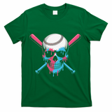 Ice Cream Baseball Fun Summer Sports Dessert Dripping Skull T-Shirt - Green