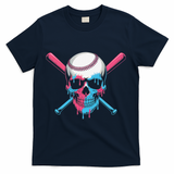 Ice Cream Baseball Fun Summer Sports Dessert Dripping Skull T-Shirt - Navy