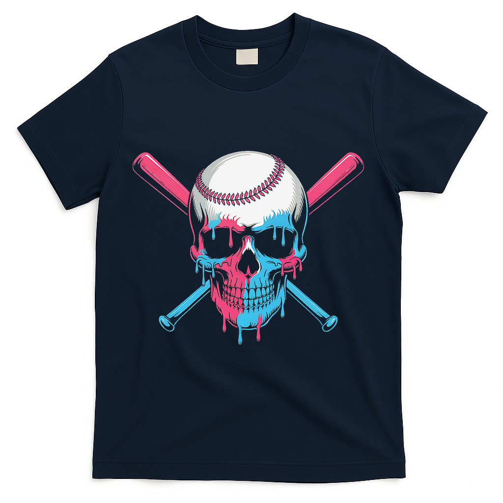 Ice Cream Baseball Fun Summer Sports Dessert Dripping Skull T-Shirt - Navy