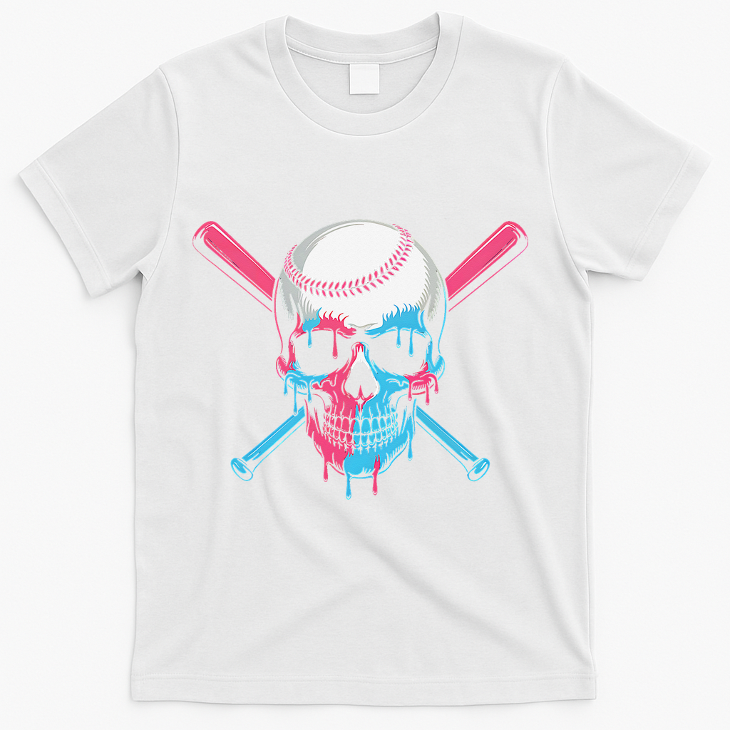 Ice Cream Baseball Fun Summer Sports Dessert Dripping Skull T-Shirt - White