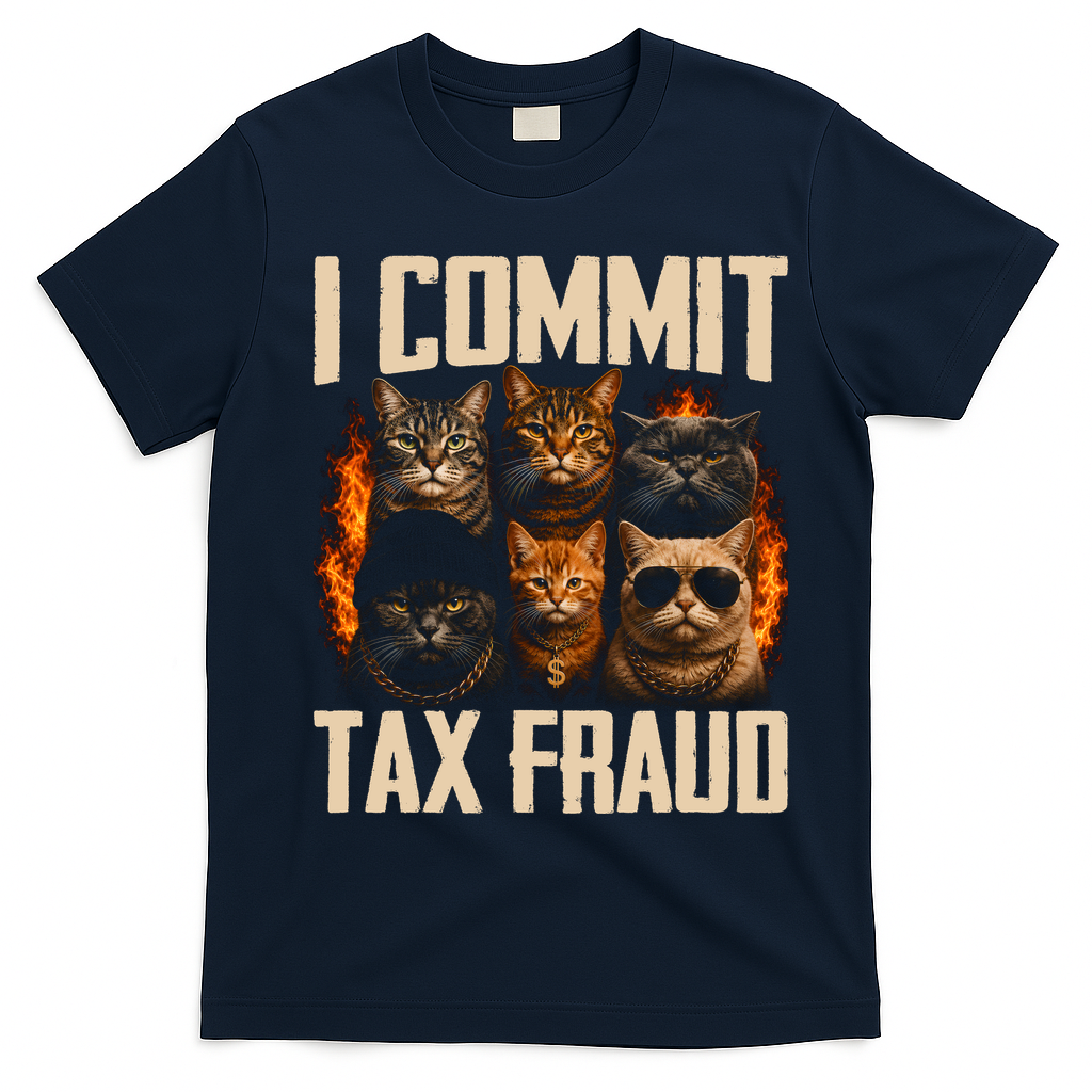 I Commit Tax Fraud Funny Cat Crew T-Shirt - Navy Blue