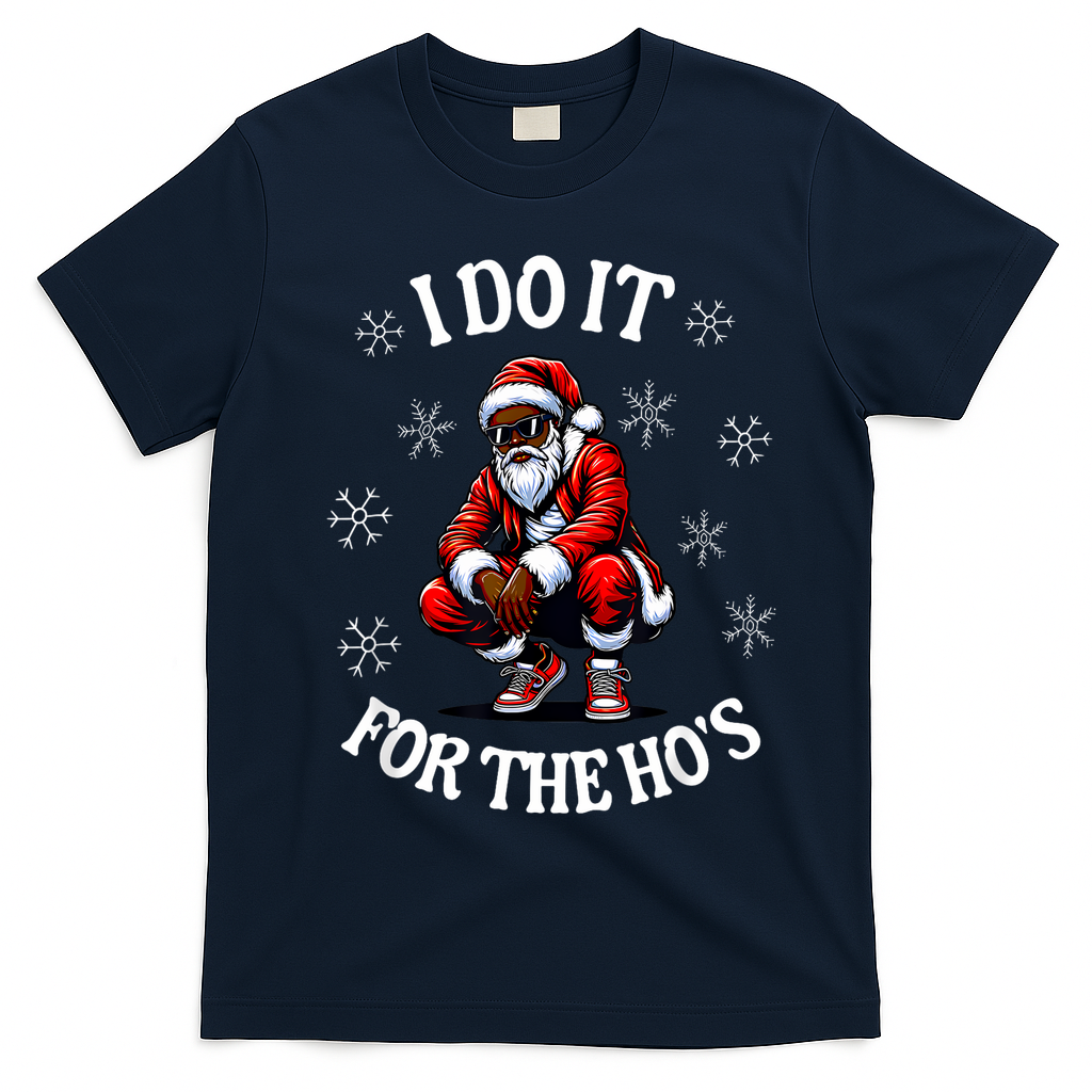 I Do It For The Hos African American Christmas Afro Santa T-Shirt - Navy Blue