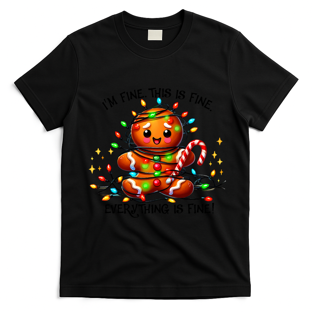IM Fine Everything Is Fine Gingerbread Christmas Lights T-Shirt - Black
