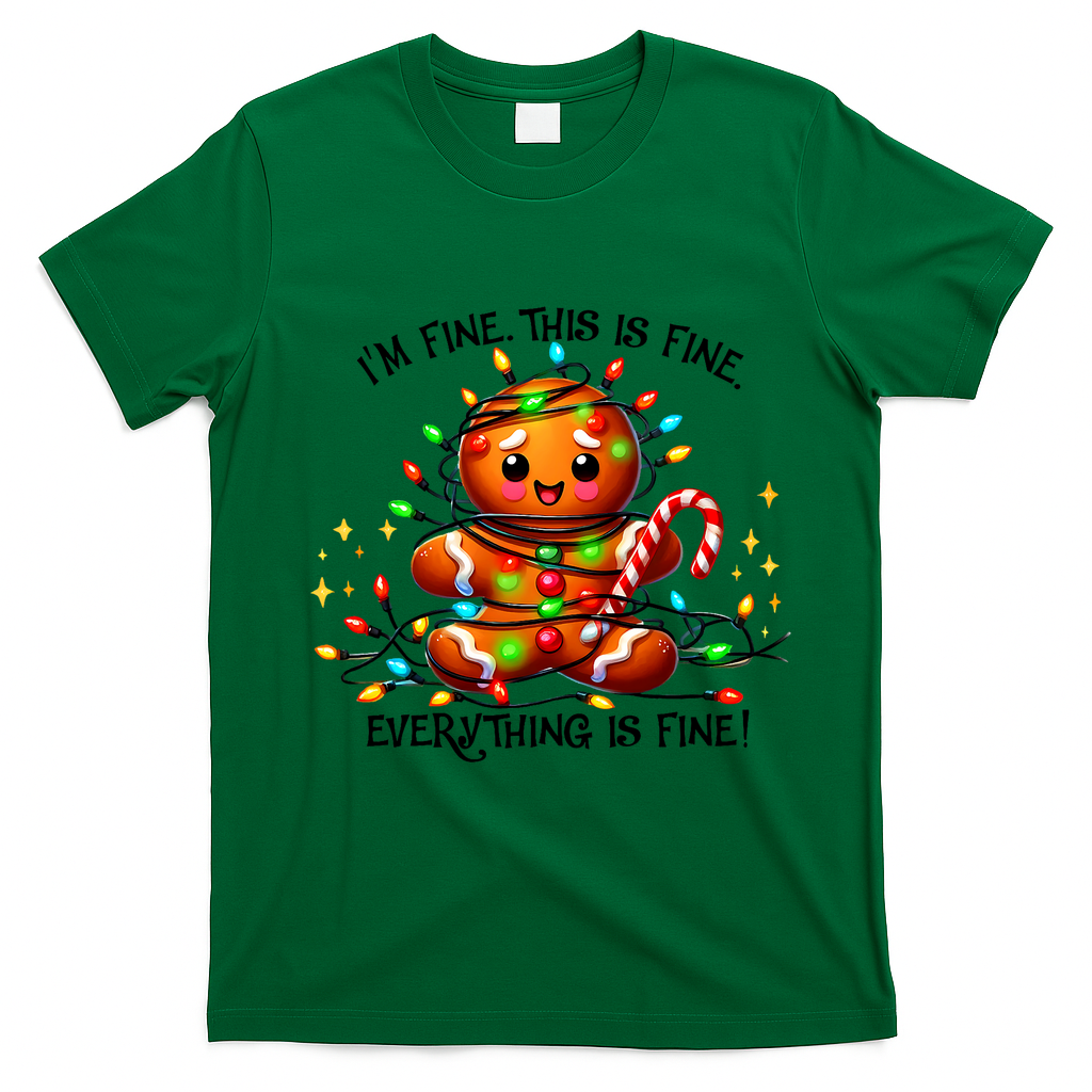 IM Fine Everything Is Fine Gingerbread Christmas Lights T-Shirt - Irish Green
