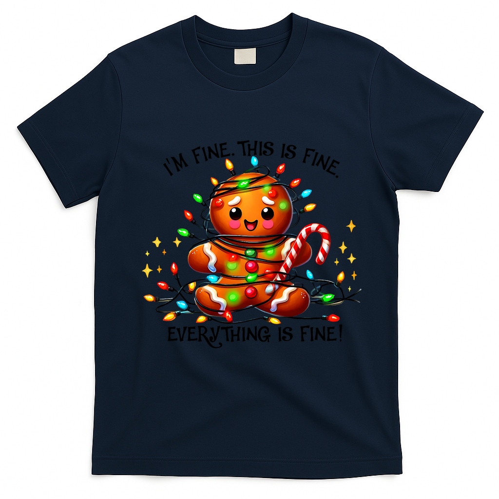 IM Fine Everything Is Fine Gingerbread Christmas Lights T-Shirt - Navy Blue