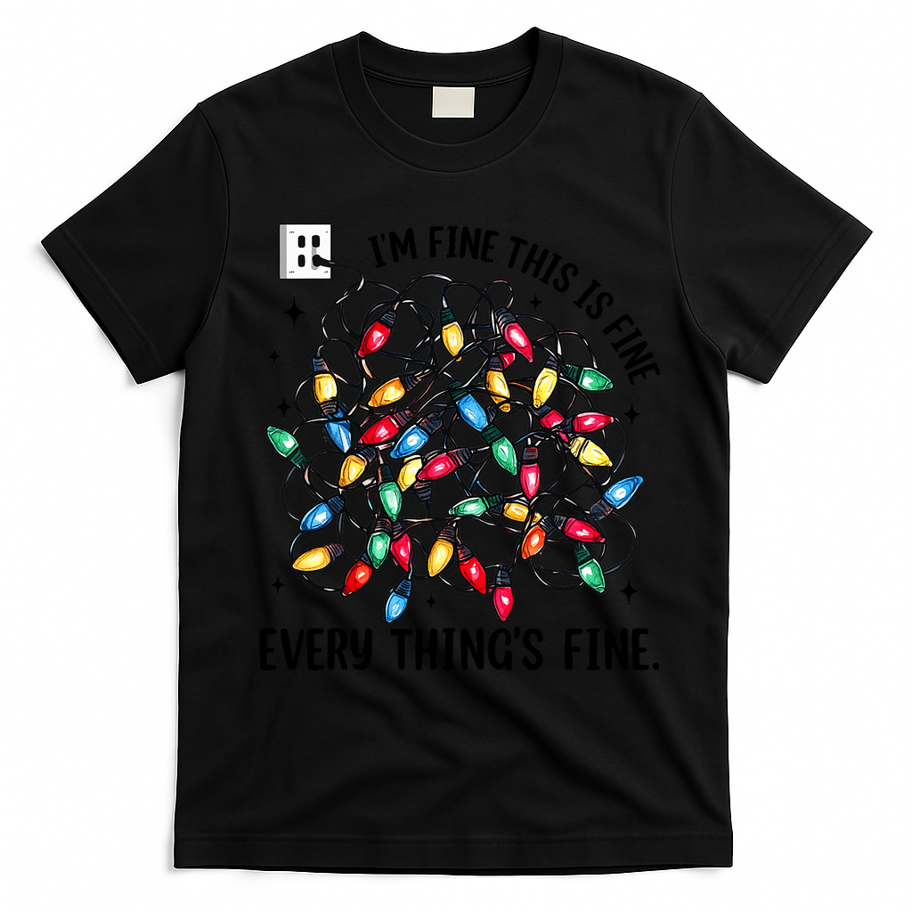 I’M Fine Everything Is Fine Tangled Christmas Lights T-Shirt - Black