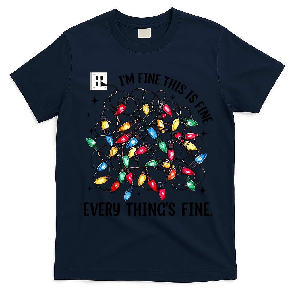 I’M Fine Everything Is Fine Tangled Christmas Lights T-Shirt - Navy Blue