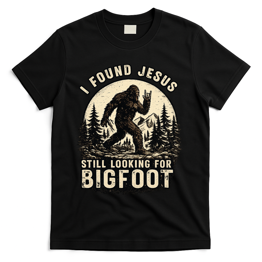 I Found Jesus Still Looking Bigfoot Retro Funny Christian T-Shirt - Black