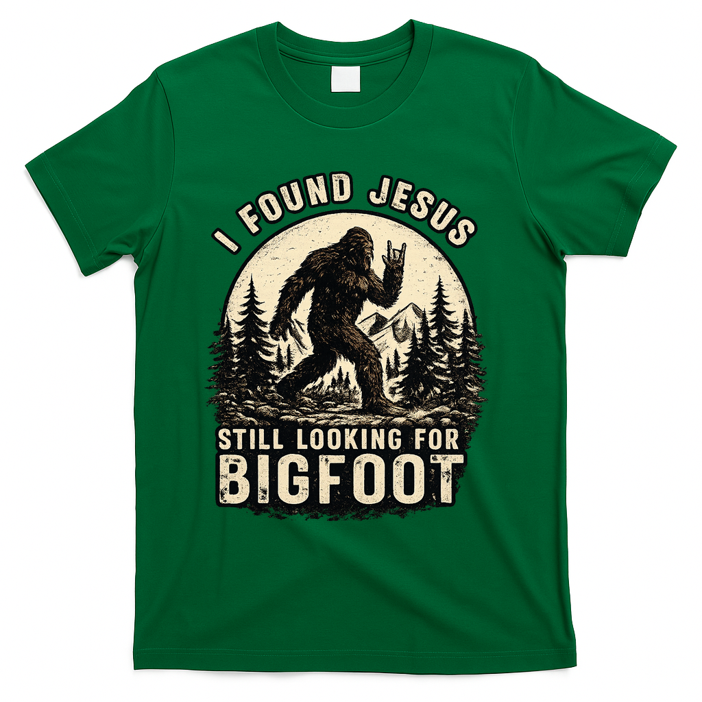 I Found Jesus Still Looking Bigfoot Retro Funny Christian T-Shirt - Green