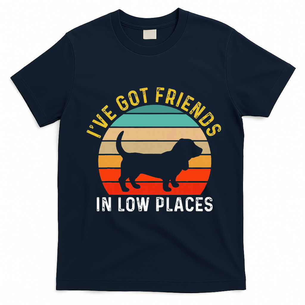 IVe Got Friends In Low Places Basset Hound Funny Dog Retro T-Shirt - Navy Blue