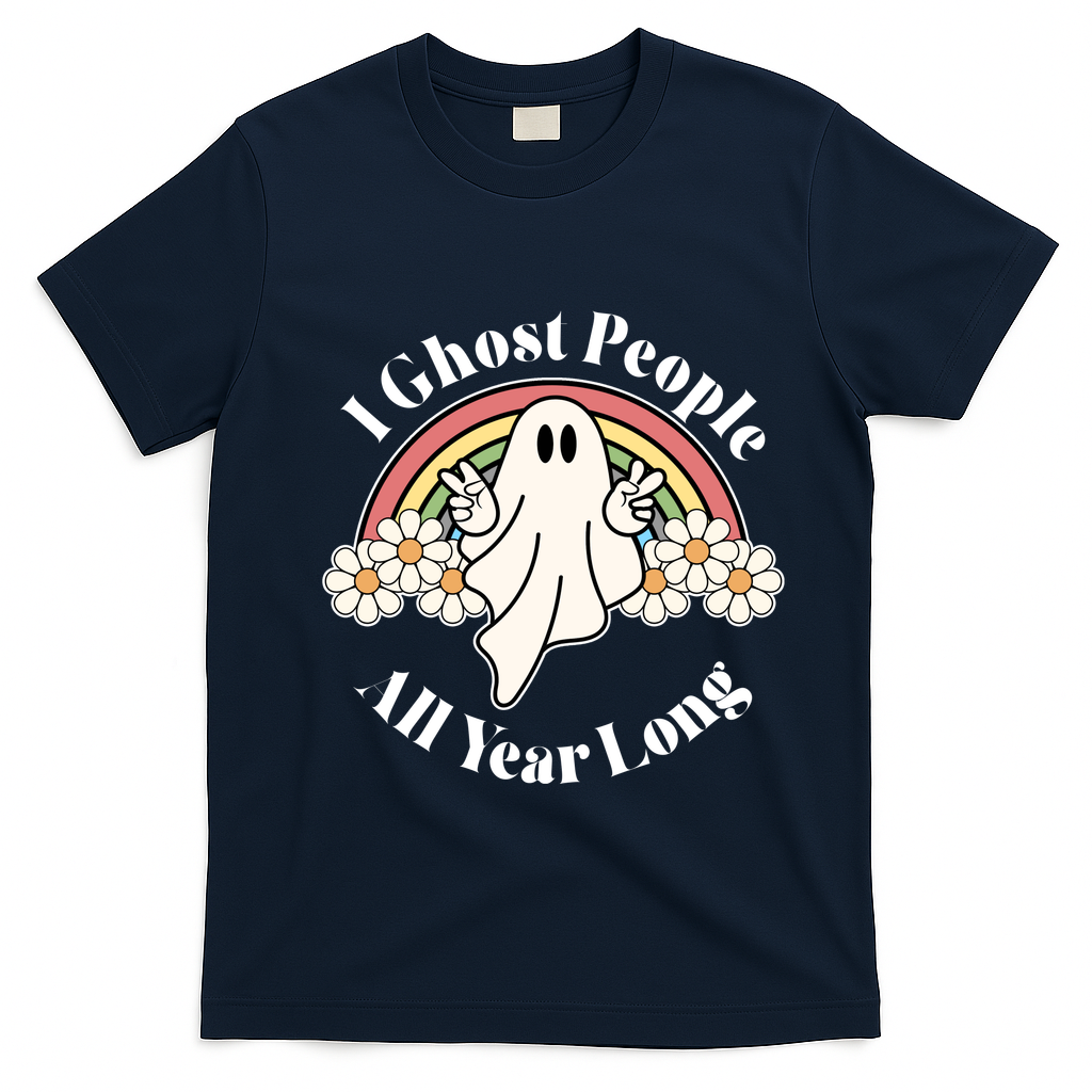 I Ghost People All Year Long Halloween Rainbow T-Shirt - Navy Blue