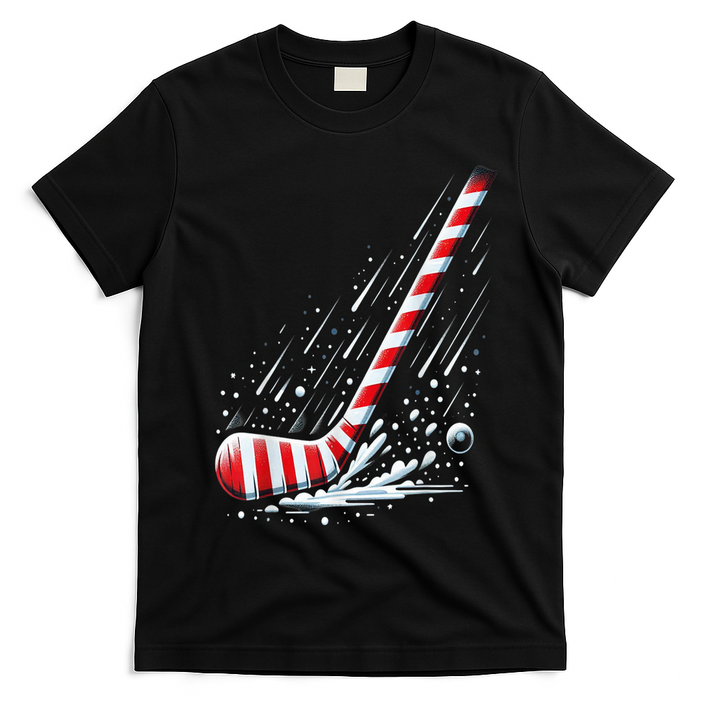 Ice Hockey Christmas Candy Cane Hockey Stick Funny Xmas Gift T-Shirt - Black