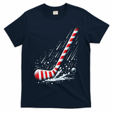 Ice Hockey Christmas Candy Cane Hockey Stick Funny Xmas Gift T-Shirt - Navy Blue