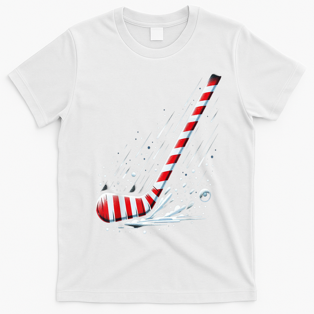 Ice Hockey Christmas Candy Cane Hockey Stick Funny Xmas Gift T-Shirt - White