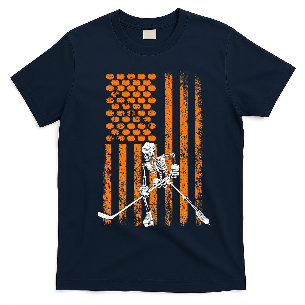 Ice Hockey Player Fan Gift Skeleton Halloween T-Shirt - Navy Blue