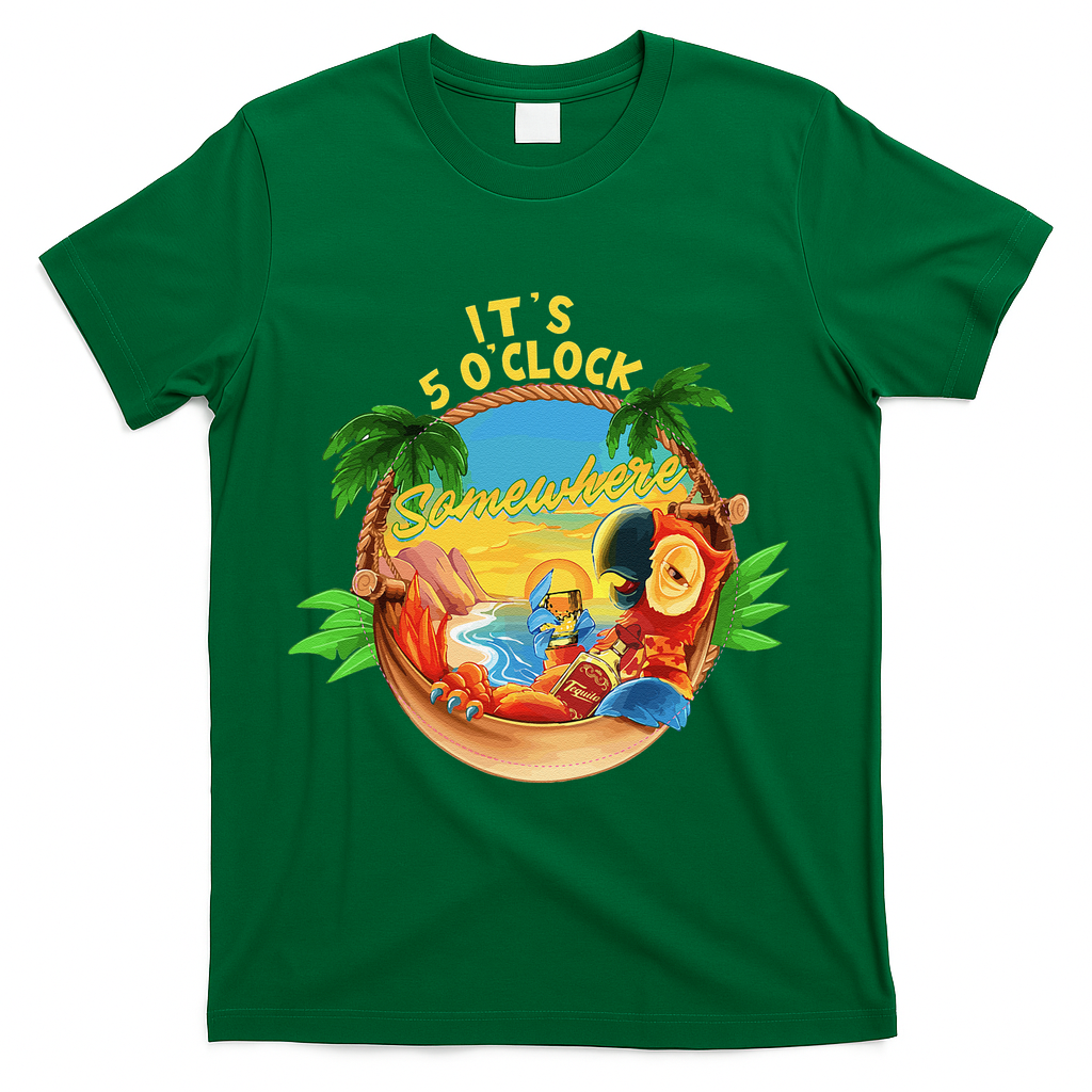 It Is 5 O'clock Somewhere Parrot Drinking Summer Vacation T-Shirt - Green
