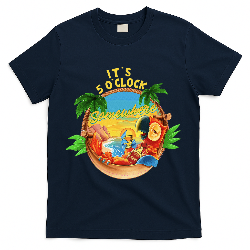 It Is 5 O'clock Somewhere Parrot Drinking Summer Vacation T-Shirt - Navy