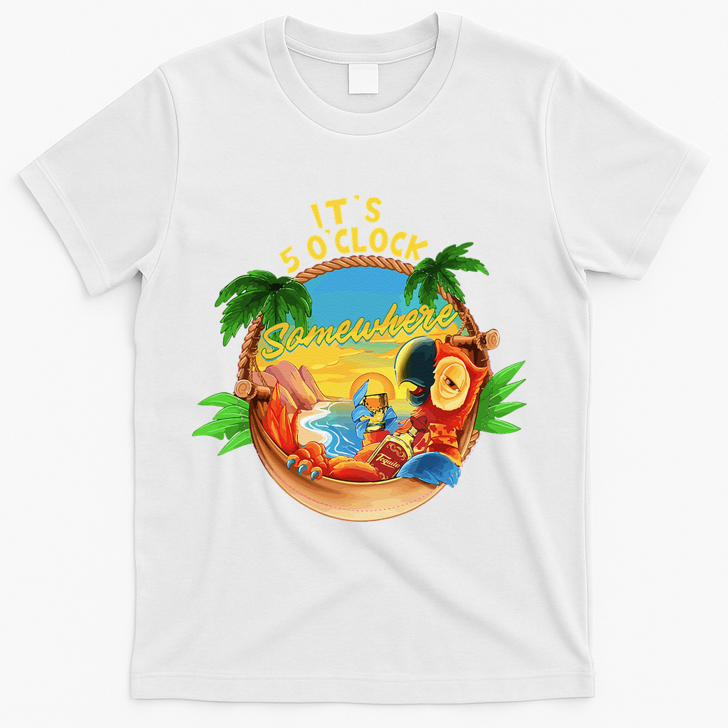 It Is 5 O'clock Somewhere Parrot Drinking Summer Vacation T-Shirt - White