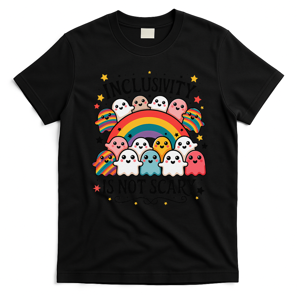 Inclusivity Is Not Scary  Cute Ghost Welcome Here Funny T-Shirt - Black