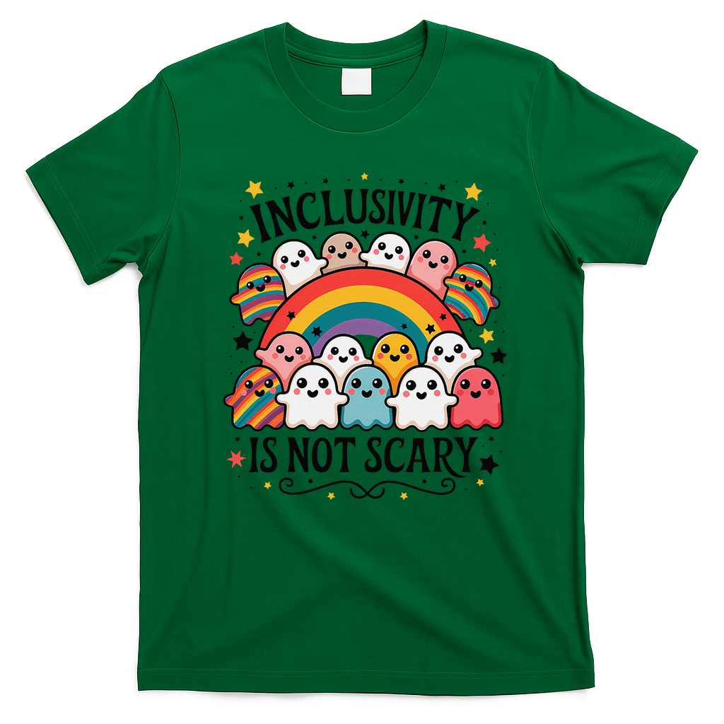 Inclusivity Is Not Scary  Cute Ghost Welcome Here Funny T-Shirt - Irish Green