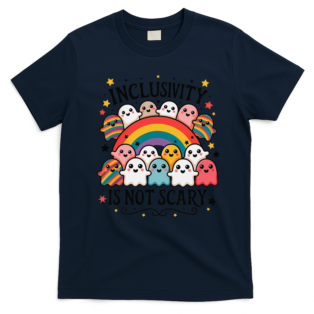 Inclusivity Is Not Scary  Cute Ghost Welcome Here Funny T-Shirt - Navy Blue