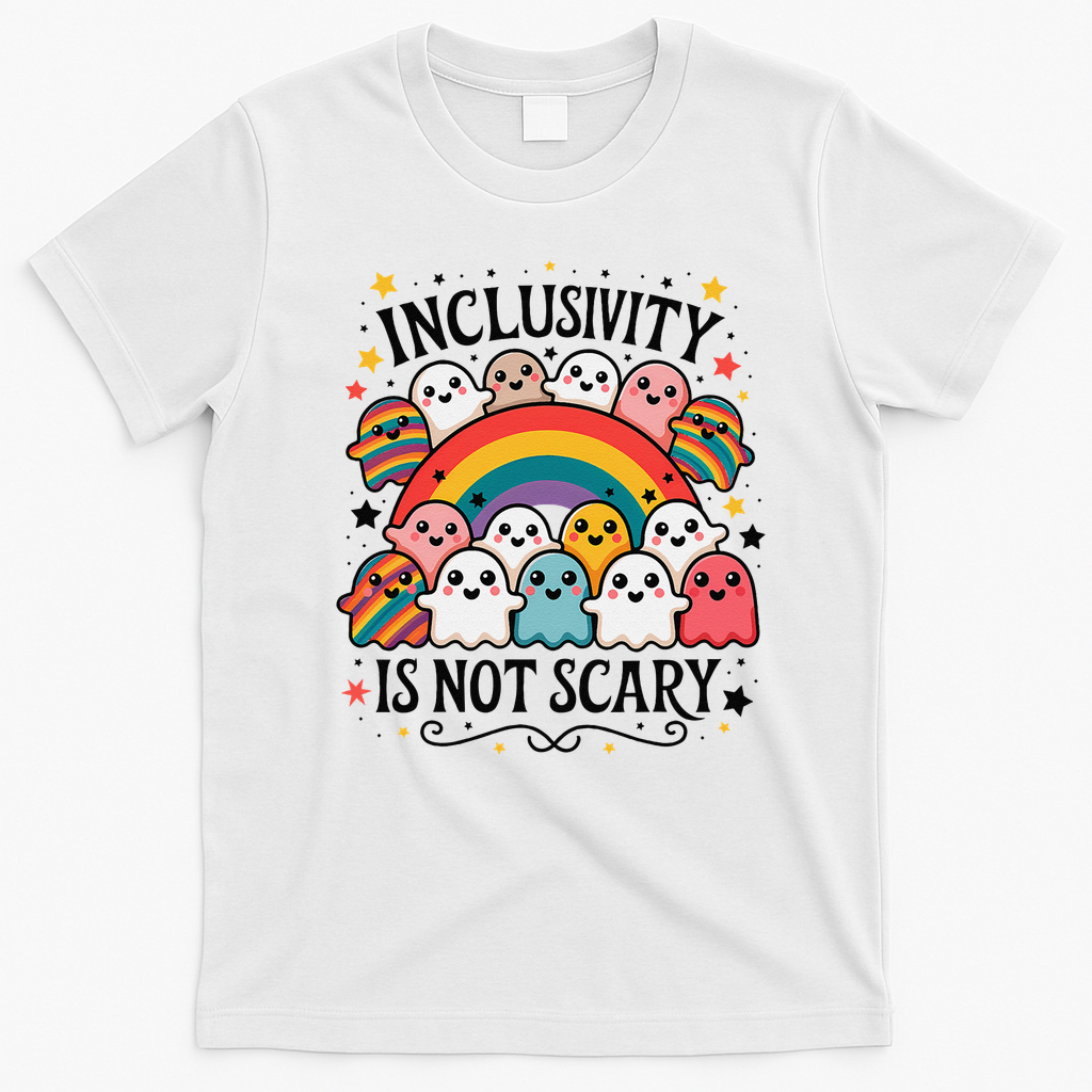Inclusivity Is Not Scary  Cute Ghost Welcome Here Funny T-Shirt - White