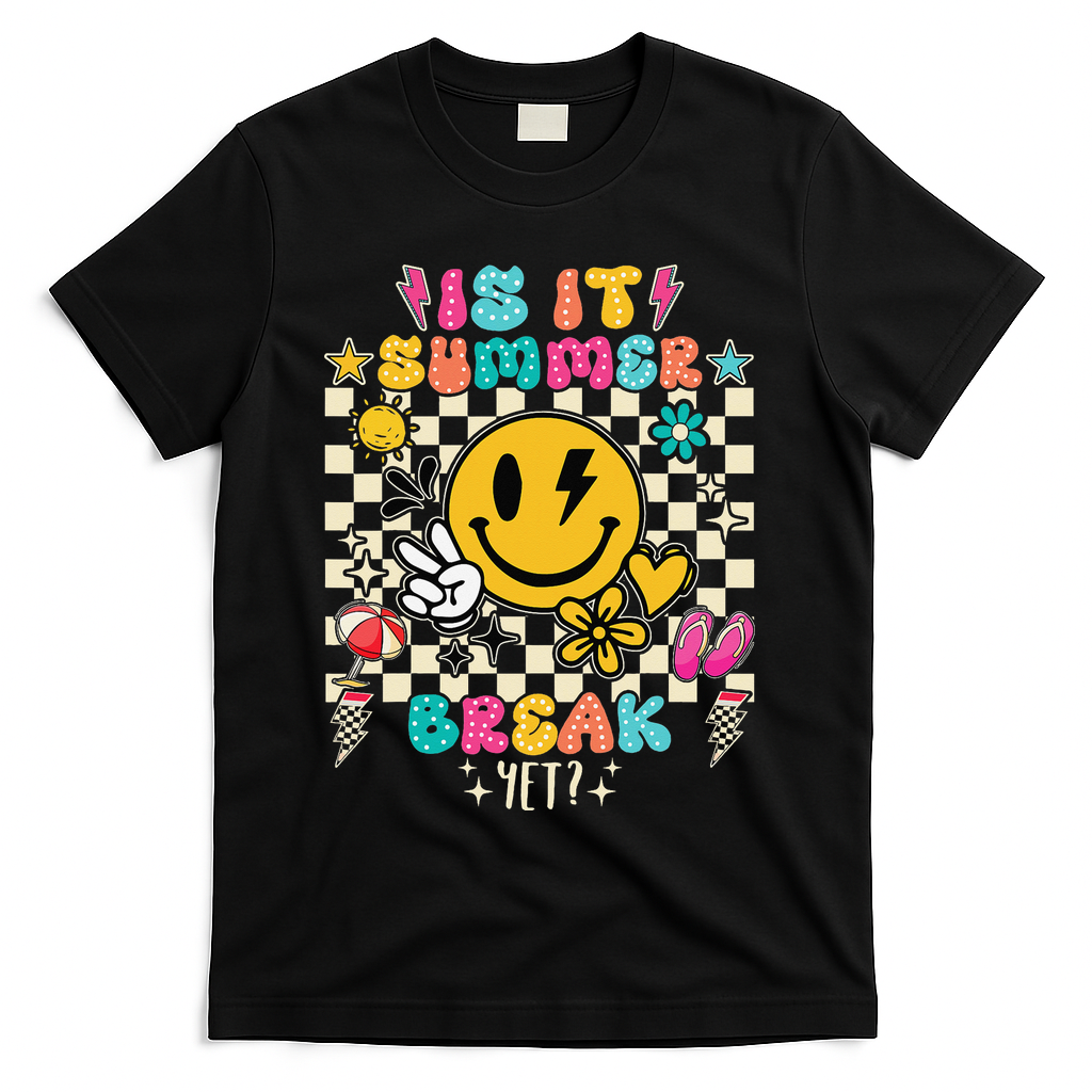 Is It Summer Break Yet Teacher Groovy T-Shirt - Black