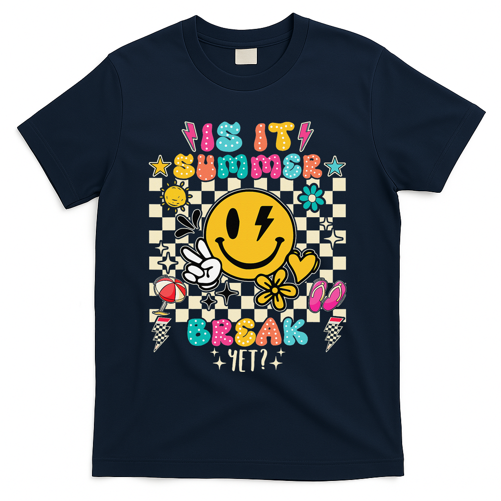 Is It Summer Break Yet Teacher Groovy T-Shirt - Navy
