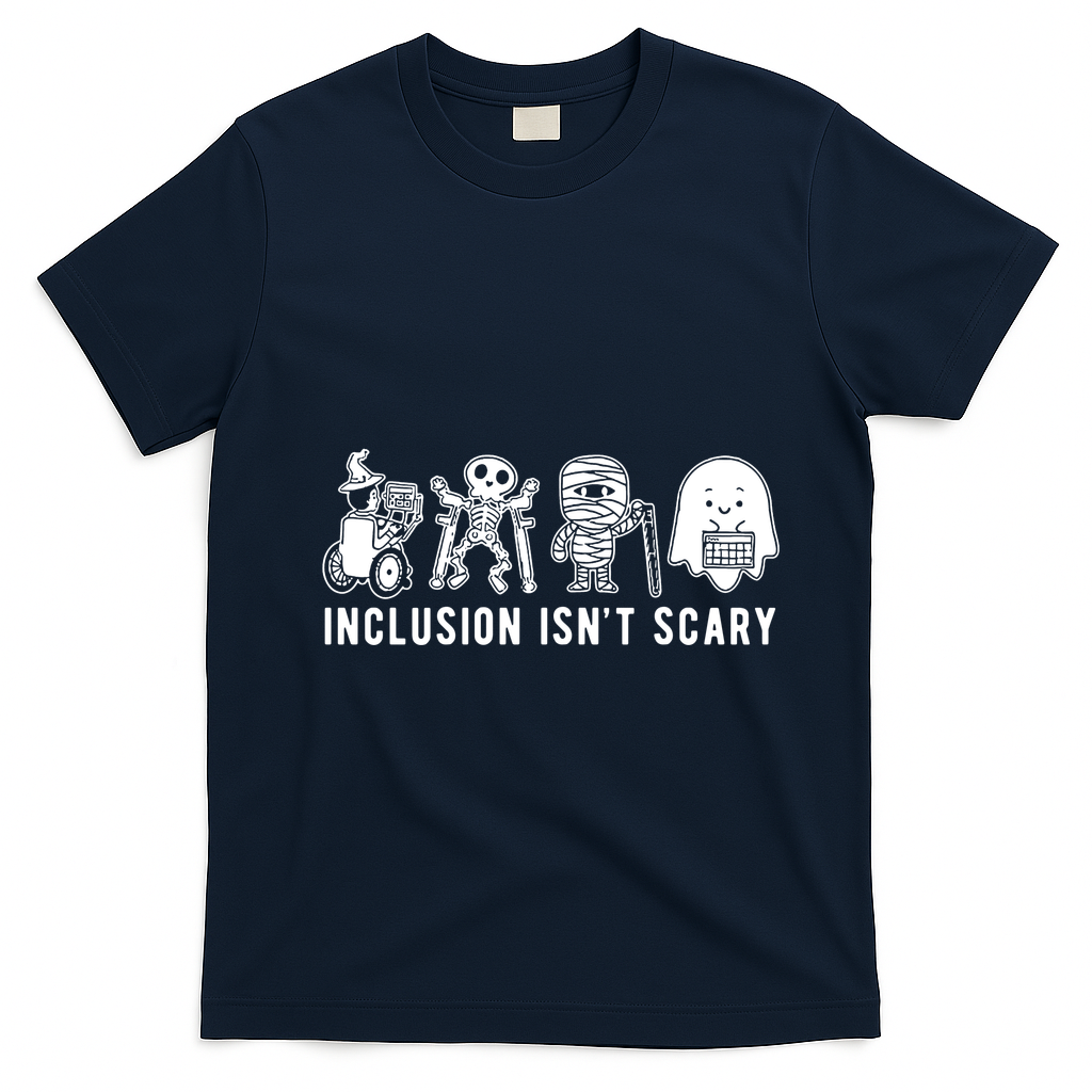 Inclusion Isnt Scary Teacher Skeleton Ghost Cute Halloween T-Shirt - Navy Blue