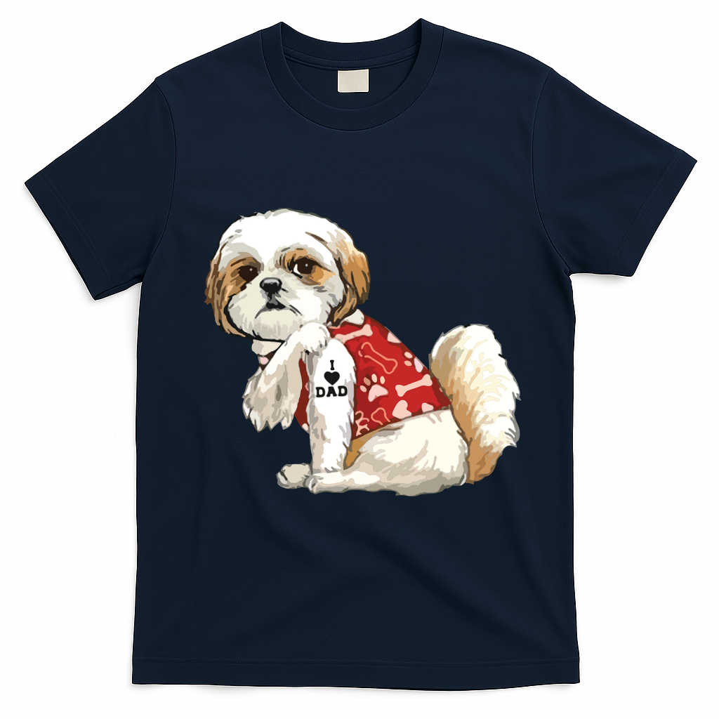 I Love Dad Tattoo Shih Tzu Dad Funny Fathers Day Gift T-Shirt - Navy Blue
