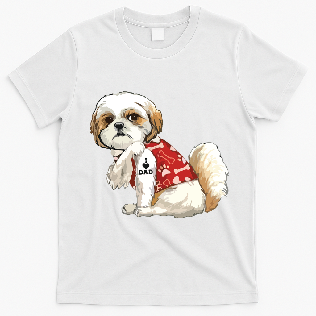 I Love Dad Tattoo Shih Tzu Dad Funny Fathers Day Gift T-Shirt - White