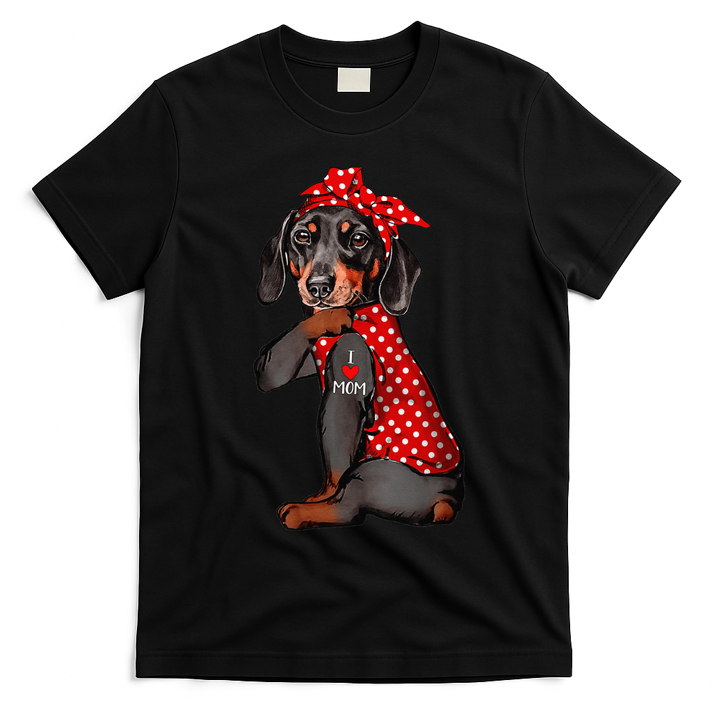 I Love Mom Tattoo Funny Dachshund Dog Wearing Bandana T-Shirt - Black