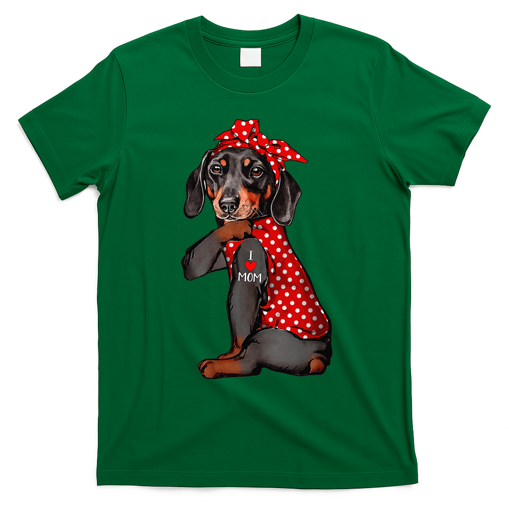 I Love Mom Tattoo Funny Dachshund Dog Wearing Bandana T-Shirt - Irish Green