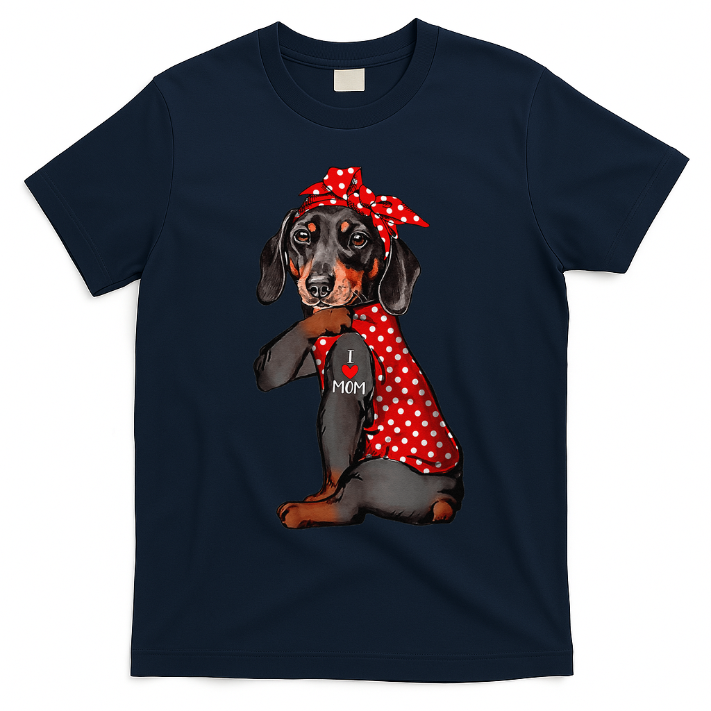 I Love Mom Tattoo Funny Dachshund Dog Wearing Bandana T-Shirt - Navy Blue