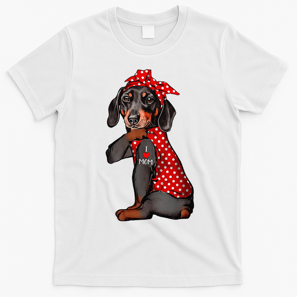 I Love Mom Tattoo Funny Dachshund Dog Wearing Bandana T-Shirt - White
