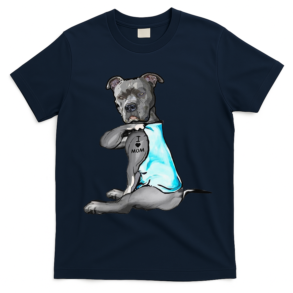 I Love Mom Tattoo Pitbull Dog Lover  Gift Pitbull Mom T-Shirt - Navy Blue