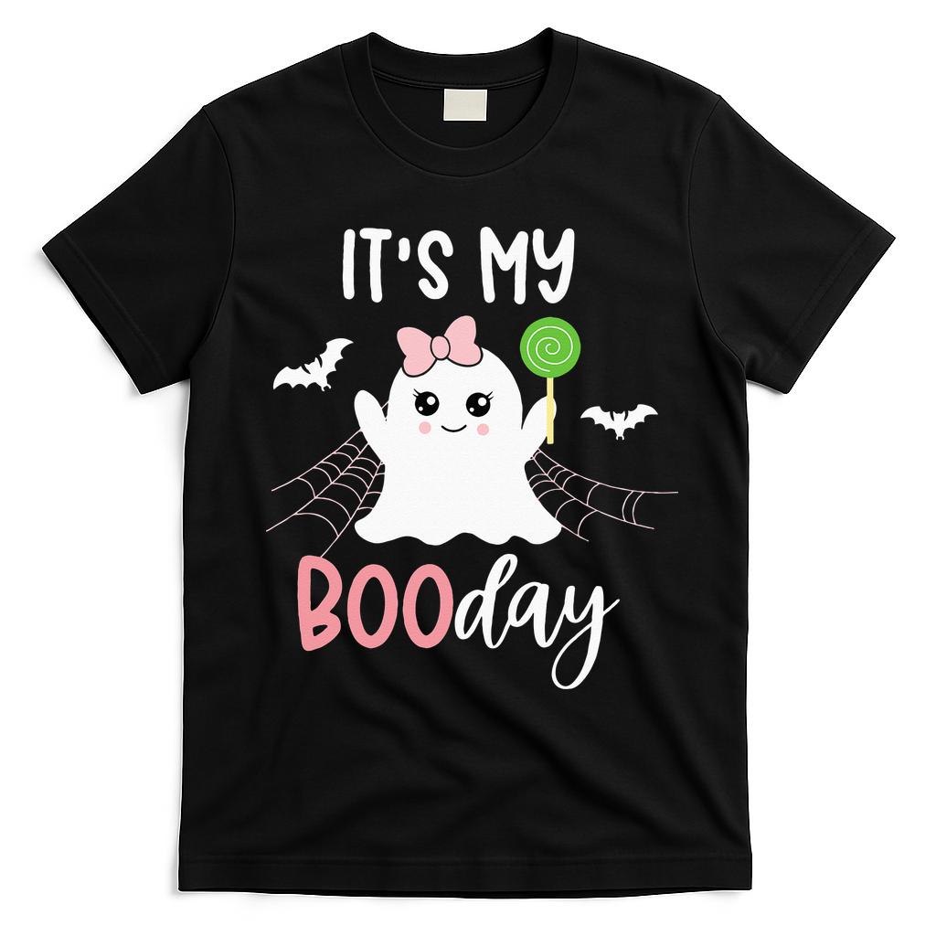 Its My Boo Day Cute Halloween Birthday Ghost Pink Bow Girls T-Shirt - Black