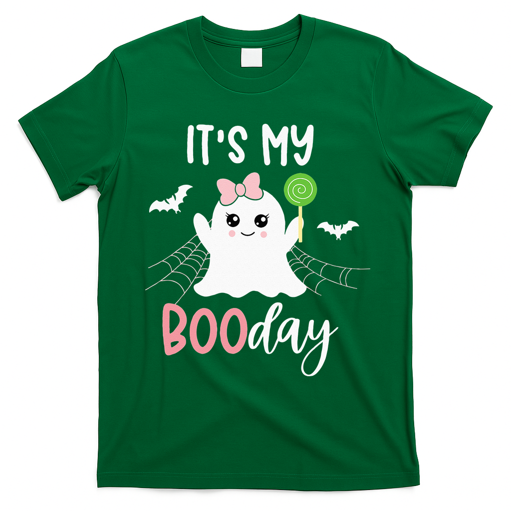 Its My Boo Day Cute Halloween Birthday Ghost Pink Bow Girls T-Shirt - Irish Green