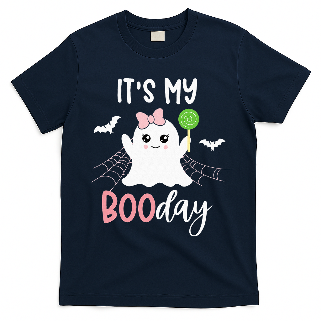 Its My Boo Day Cute Halloween Birthday Ghost Pink Bow Girls T-Shirt - Navy Blue